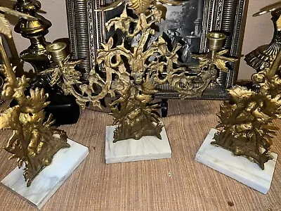 $285 • Buy Girandole Candelabra Solid BrassMarble Hanging Crystals VintageDolphin Decor