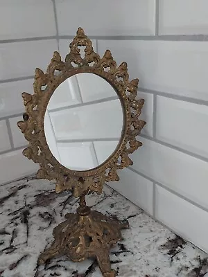 Vintage Ornate Brass Tilting Vanity Stand Mirror French Victorian Cottage • $49