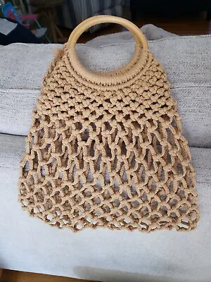 MACRAME Handmade Beige Macrame Net Handbag Wooden Handles • $20