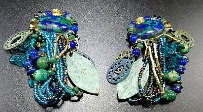 Vintage Chipita Boho Blue Malachite Stone Dangling Bead Clip On Earrings • $22