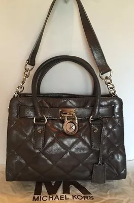 Michael Kors Hamilton Quilted EW Satchel Handbag Metallic Gray Leather & Silver • $160