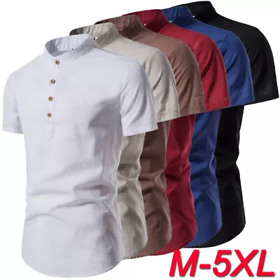 Men Cotton Linen T Shirt Short Sleeve Top Summer Grandad Collar Shirt Blouse Tee • £7.99