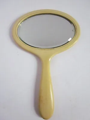 Vintage Art Deco Oval Celluloid French Ivory Hand Mirror Beveled Glass Engraved • $10