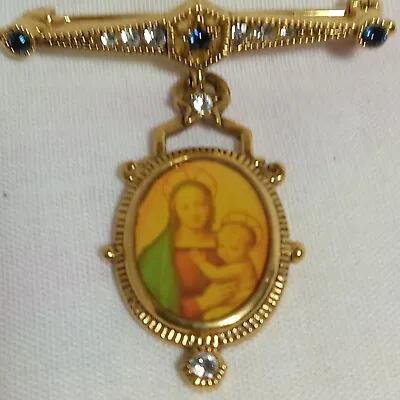 The Vatican Library Collection Gold Bar Pin W/Madonna & Child Crystal/blue Stars • $38