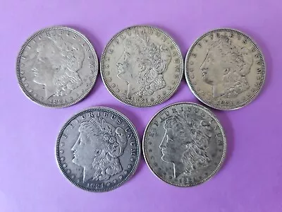 5 Morgan Silver Dollars - 1921 P/D Fine To XF (Lot Of Five) Circulated. • $64