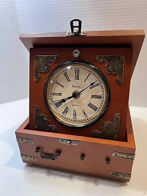 Bulova  Quartz Desk Clock In Treasure Wooden Box With Metal Accent. • $45