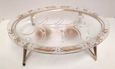 MCM Inland Glass #16 Fish/Meat Glass Serving Platter W/Metal Warmer Stand Floral • $32