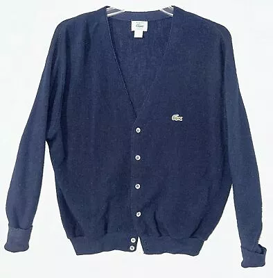 Vtg Izod Lacoste Cardigan Sweater Men's Lrg Navy Blue Made USA Grandpa Button Up • $31.10