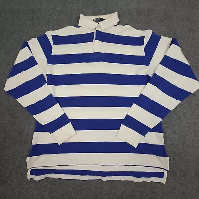 Vintage Ralph Lauren Shirt Mens LARGE Blue Striped Pony Rugby Long Sleeve Size L • $79.88