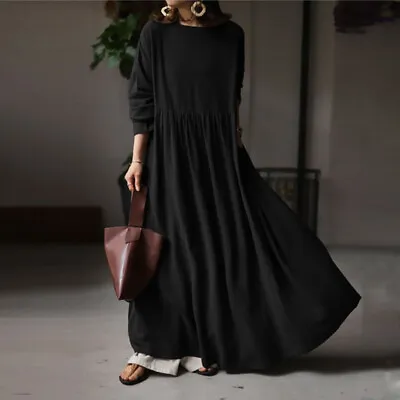 Women Long Sleeve O Neck Solid Cotton A Line Maxi Dress Oversize Abaya Dresses • £17.14