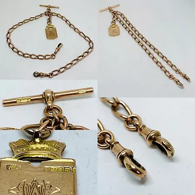 Amazing Solid 9ct Rose Gold Twin Albert Pocket Watch Chain & Gold Fob (d.1912) • £1295