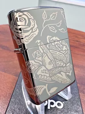 Zippo Windproof Lighter CURRENCY ROSES Black Ice Laser 360° NEW IN BOX FAST POST • £49.40