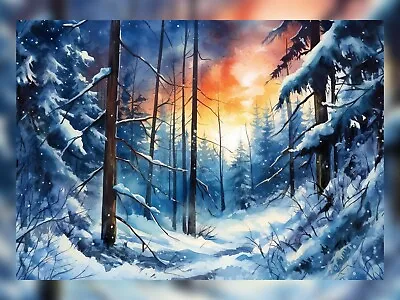 Snow Covered Forest At Sunrise Watercolor Painting Print Art 5 X7  • £4.99