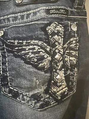 Miss Me Boot Cut Jeans Womens 28 Embellished Blue Denim Angel Wing Cross Pocket • $35