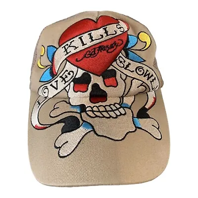 Ed Hardy Love Kills Slowly Cap Hat Skull Mesh Trucker SnapBack Beige • £27.99