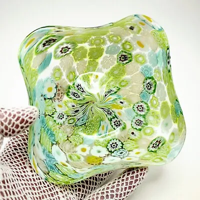 Small Yellow Green Gold Leaf Murano Art Glass Dish Bowl Murrine Millefiori Swirl • $72