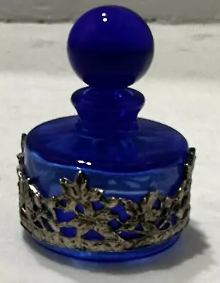 Vintage Cobalt Blue Glass Small Perfume Bottle Pewter Accent Ornate Decor 3  • $30