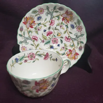 Minton Haddon Hall Green Edge Floral China Tea Cup And Saucer Set England • $25