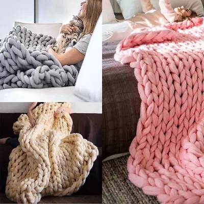 Chunky Woolen Hand Knitted Cable Knit Blanket Sofa Bed Throw 60-150cm Rug Warm • £31.95