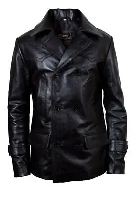 German Army Military Uniform Men's Black Classic Real Leather Coat Uk • $212.98