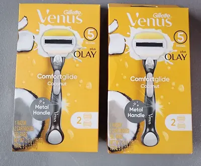 Gillette Venus +Olay Comfortglide- Coconut- Metal Handle 2 Cartridges LOT OF 2 • $18.99