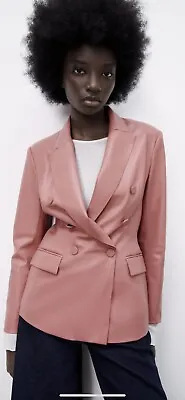 100% Authentic ZARA Pink Faux Leather Double ￼Breasted Blazer Size: M • $89.90
