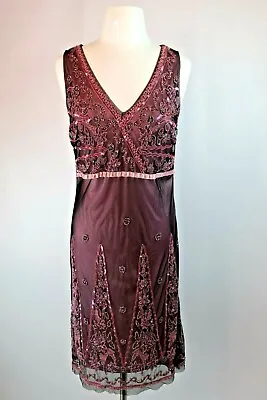 Black Pink Vintage Marina Lace Net 20s Deco Gatsby Bead Evening Dress 14 42 • $75