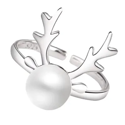 ZARD Christmas Reindeer Elk White Pearl Bead Ring In Sterling Sliver • $11.82