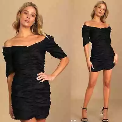 Lulus New Unique As You Off-the-Shoulder Ruched Bodycon Black Mini Dress Small • $50