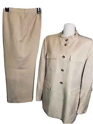 Anne Klein Suit Pant  2PC Beige Linen Nehru Collar Military Single Breast Sz 12 • £38.60