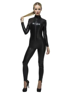 NEW Fever Miss Whiplash Black Catwoman W/Zip Up Catsuit Ladies Halloween Costume • £36.99
