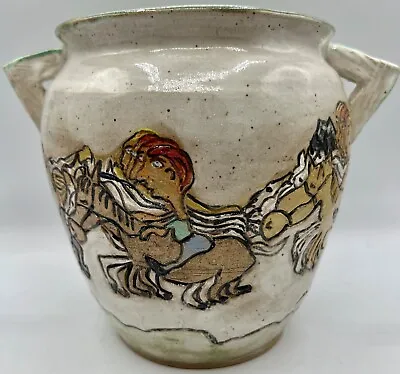 GA Folk Art Pottery Horses Men Racing Vase Pot By Carolyn Simmons • $125