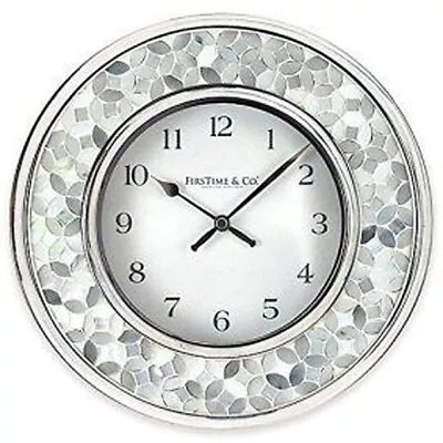 Mosaic Glass Wall Clock White-Gray Beautiful Rounded For Home Office Decor • $38