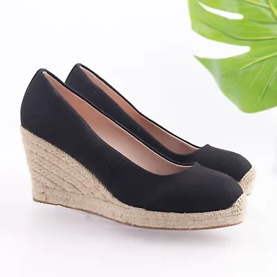 JCrew Women's Seville Pump Size 8 Wedge Heel Espadrille Black Canvas Slip On • $38.15