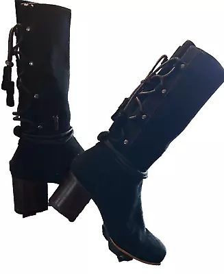 SOREL ‘Farah’ Tall Suede W/Lace Up Fringe Back  Boots /Black~7.5 • $89