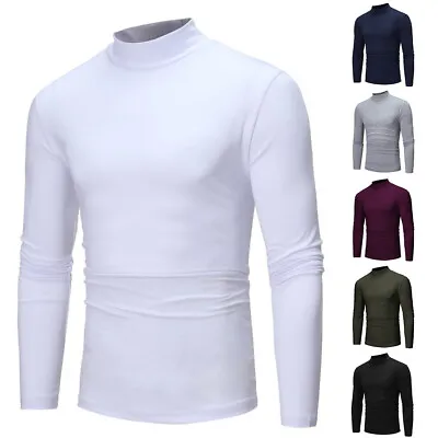 Mens Long Sleeve High Neck T Shirt Slim Tops Pullover Plain Tunic Tee Jumper UK • £2.99