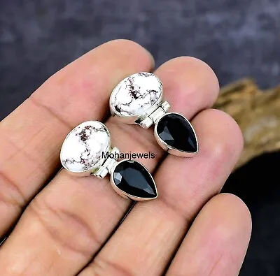 Wild Horse Jasper Black Onyx Gemstone Handmade 925 Silver Stud Earrings Jewelry • $19.99