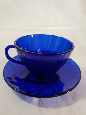 Teacup And Saucer Duralex Vereco Cobalt Blue Swirl Glass • $15.04
