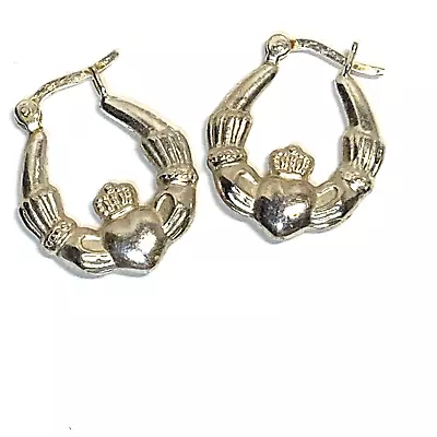 Vintage Irish Solvar Claddagh Sterling Silver 925 Hoop Earrings • $59.94