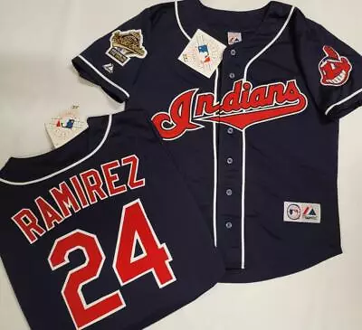 Majestic Cleveland Indians MANNY RAMIREZ 1995 World Series Baseball JERSEY BLUE • $129.99