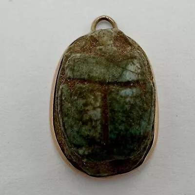 Vintage 9k Gold & Ancient Egyptian Turquoise Glazed Stone Scarab Pendant Charm • $16.50