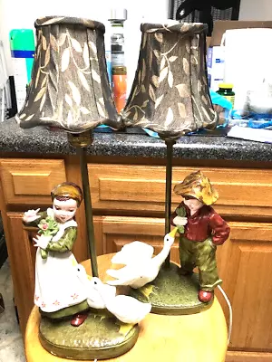 Vintage Pair Of  Porcelain Girl & Boy With Geese Lamps & Shades  GUC • $25
