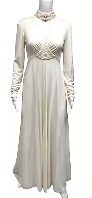 Vintage 60s Union Made Ivory Wedding Dress High Neck Long Sleeve Size S/M • $79.36