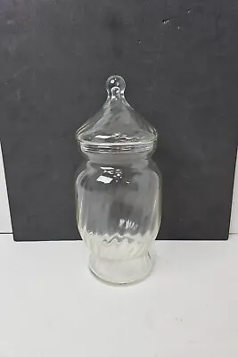 Vintage Clear Apothecary Jar Glass Twisted Swirl With Lid 8 1/4  Tall Canister • $14.99