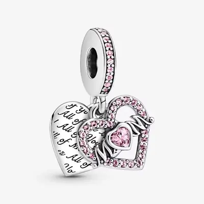 Pink Heart & Mum Dangle Charm Mom Dangle Sterling Silver 925 Fits In Bracelets • £16.99