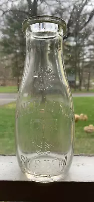 Old Pint Milk Bottle TURNER CENTRE SYSTEM Maine & Mass Seal Monogram Clear 7 1/2 • $9.99