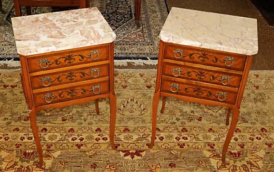 Gorgeous Pair Of French Louis XV Style Satinwood Marble Top Nightstands  • $1450