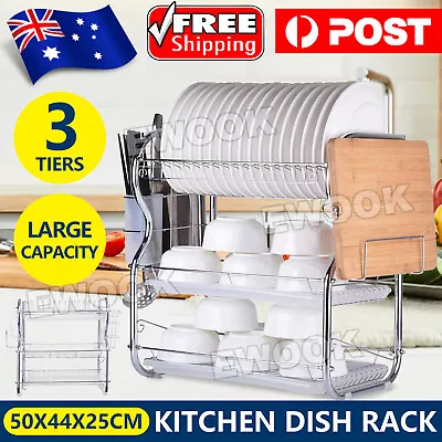 3 Tier Kitchen Dish Rack Plate Cup Drying Drainer Tray Cutlery Holder Storage AU • $26.85