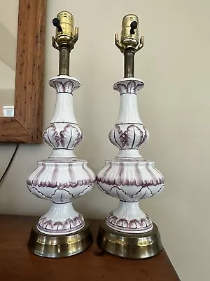 Pair Of Vintage Porcelain Table Lamps Purple And White Brass Base W/harps • $195