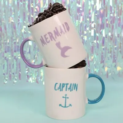 CAPTAIN & MERMAID COUPLES CERAMIC MUG SET Gift Box His & Hers Cups Blue Pink NEW • £9.99